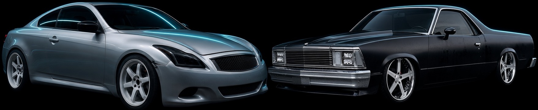 Silver G37S and matte black El Camino facing each other